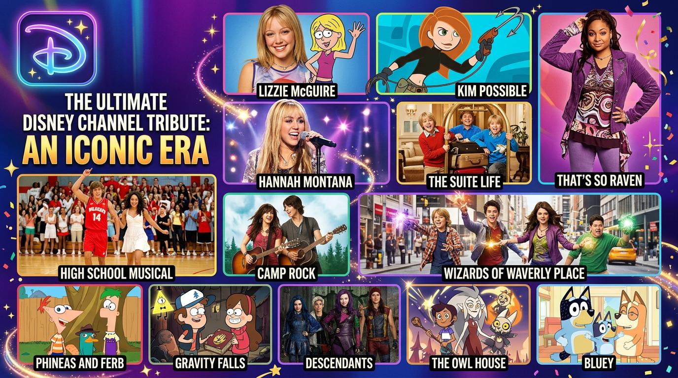 Disney Channel trivia cover featuring Lizzie McGuire, That's So Raven, Hannah Montana, The Suite Life, Kim Possible, High School Musical, Camp Rock, Descendants, Wizards of Waverly Place, Phineas and Ferb, Gravity Falls, The Owl House, and Bluey